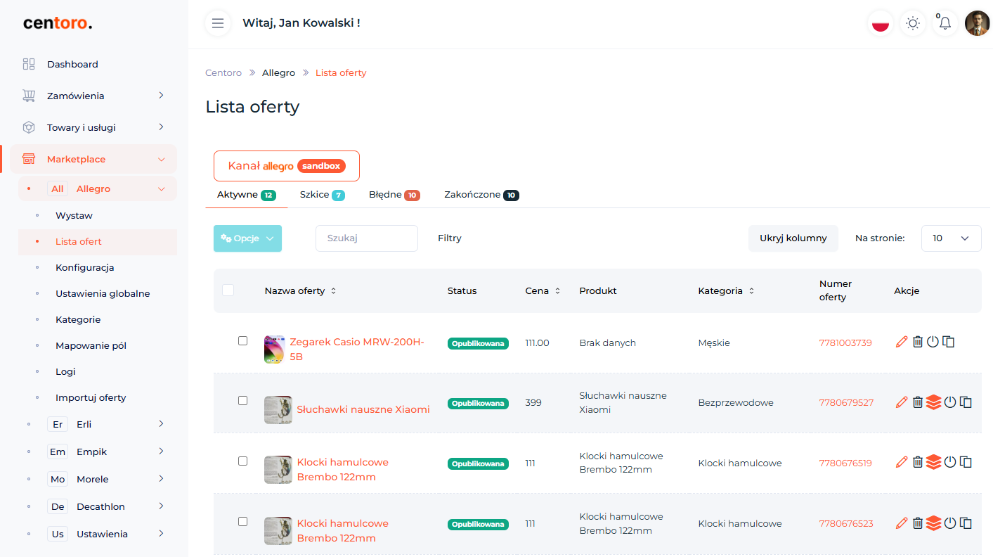 Wizualizacja Dashboardu SaaS - Lista Ofert Allegro